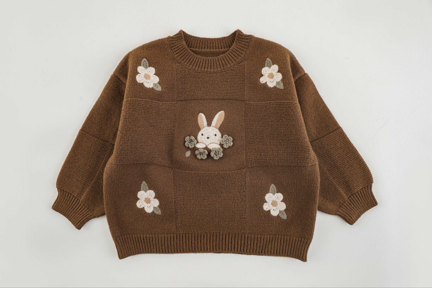 Adorable Bunny Embroidered Knit Sweater – Beige & Brown