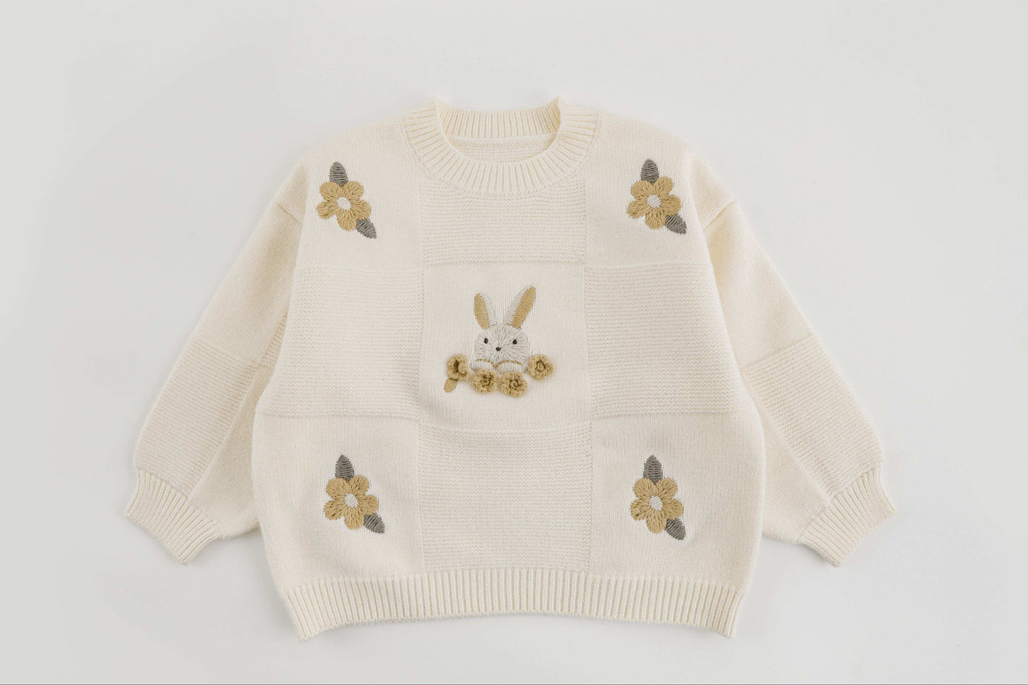 Adorable Bunny Embroidered Knit Sweater – Beige & Brown