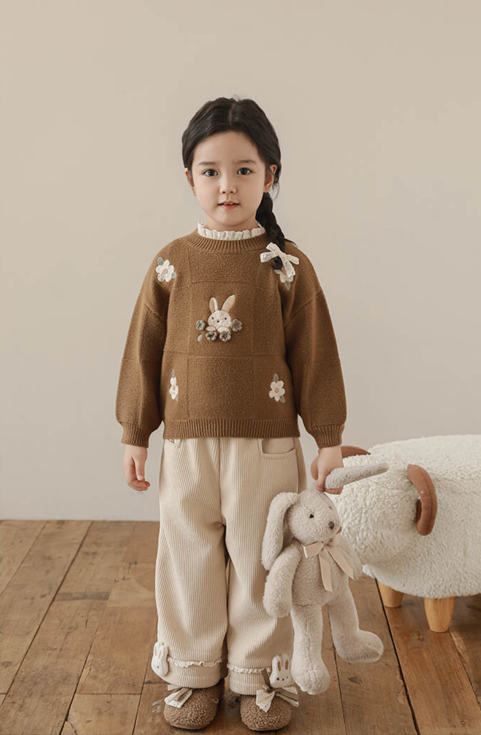 Adorable Bunny Embroidered Knit Sweater – Beige & Brown