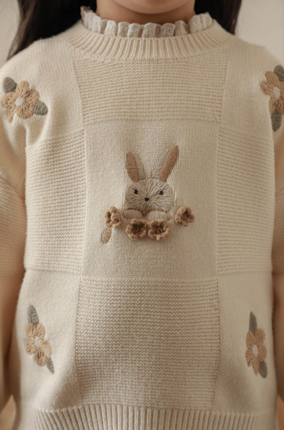 Adorable Bunny Embroidered Knit Sweater – Beige & Brown