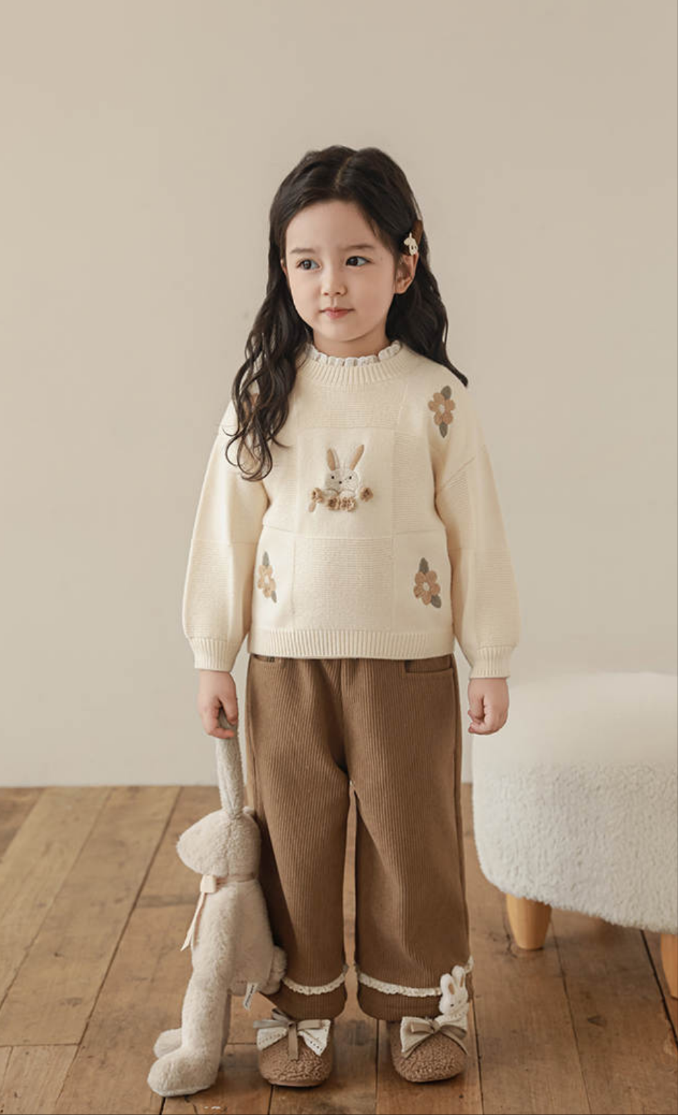 Adorable Bunny Embroidered Knit Sweater – Beige & Brown