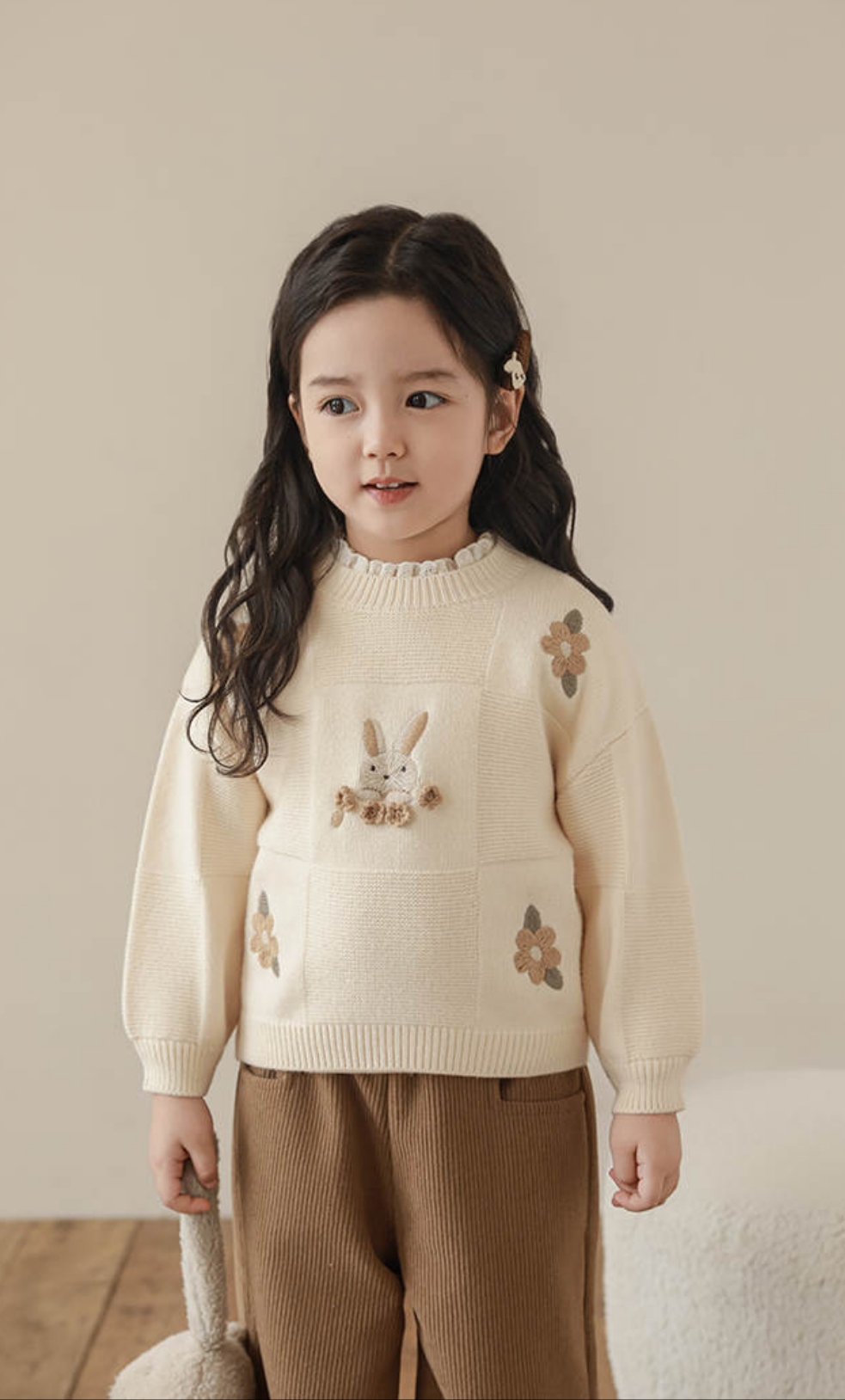 Adorable Bunny Embroidered Knit Sweater – Beige & Brown
