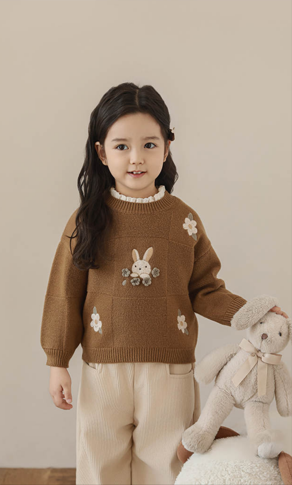Adorable Bunny Embroidered Knit Sweater – Beige & Brown