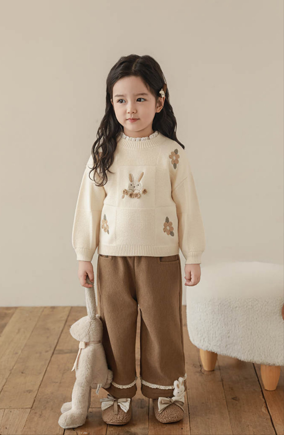 Adorable Bunny Embroidered Knit Sweater – Beige & Brown